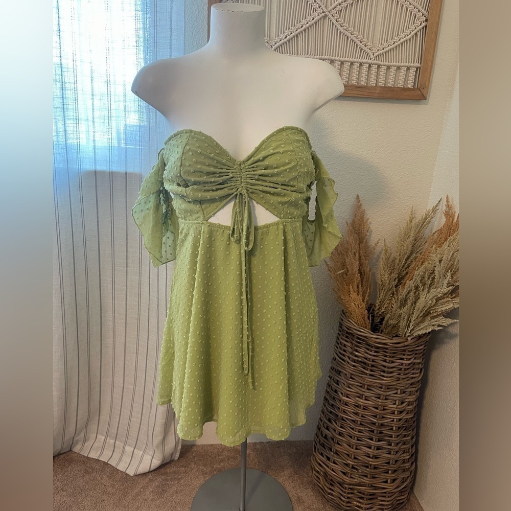 Area Stars Large Green Bardot Swiss Dot Off Shoulder Mini Dress